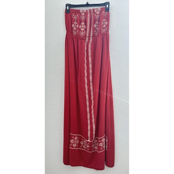 Papaya Strapless Maxi Dress Size M Crimson Red Embroidered Boho Charm Peasant - Picture 1 of 12